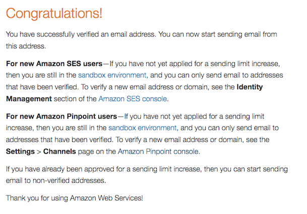 Amazon SES email validated
